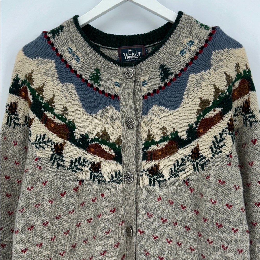 Vintage Woolrich Gray Fair Isle Wool Cardigan Sweater Nordic Button Front Size L - Picture 6 of 11